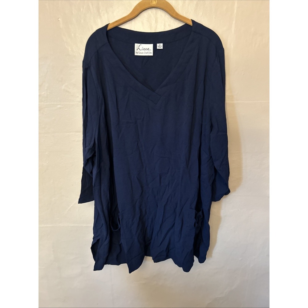 Linea By Louis 3X Navy Pebble Crepe‎ V Neck Top Blouse With Button Details